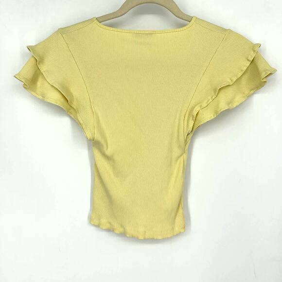 Zara Yellow Ribbed Crop Top Small Ruffle Sleeveless - Picture 2 of 5